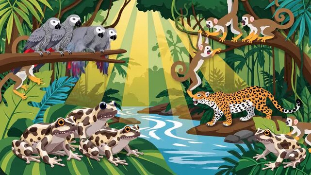 Illustrated jungle scene with exotic animals animated wildlife biodiversity cartoon style colorful parrots monkeys jaguar and spotted frogs near a river