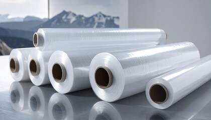 Fototapeta premium Rolls of Clear Plastic Film for Packaging and Protection with Mountain Backdrop for Purity and Freshness.