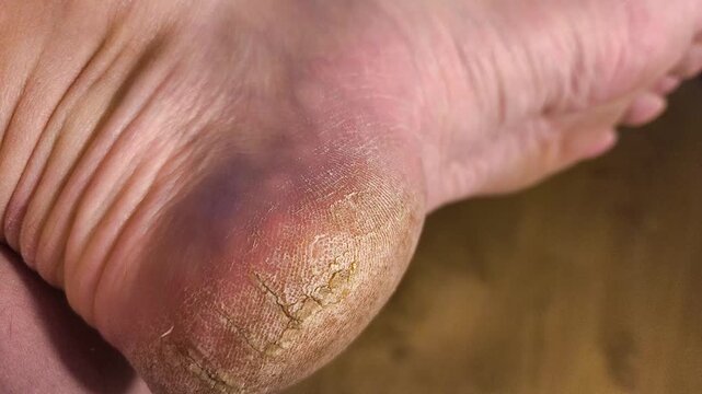 Authentic real life extreme close-up of a dry severely cracked heel on an elderly person foot dermatology healthcare and medical foot care problem real footage no ai