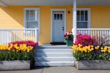 Yellow house porch with white railings concrete steps and vibrant yellow tulips in wooden planters spring curb appeal
