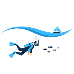 Fototapeta premium Scuba diver swimming underwater near fish and sailboat on the surface