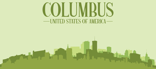 Fototapeta premium Green panoramic poster of the city skyline with solid background buildings on a hilly terrain of COLUMBUS, UNITED STATES
