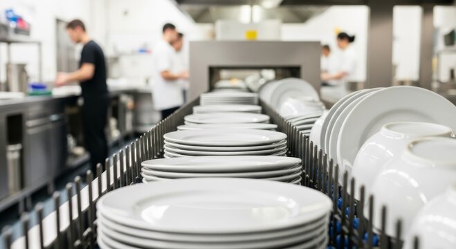 Stack of clean white plates on rack coming out of industrial dishwasher in restaurant kitchen. Professional catering service workflow. Efficient commercial dishwashing process routine.