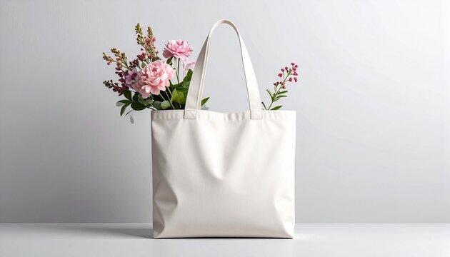 Minimalist Tote Bag with Floral Arrangement for Sustainable Living and Eco Friendly Lifestyle Concepts.