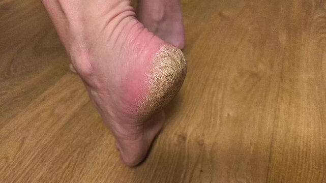 Authentic real life extreme close-up of a dry severely cracked heel on an elderly person foot dermatology healthcare and medical foot care problem real footage no ai