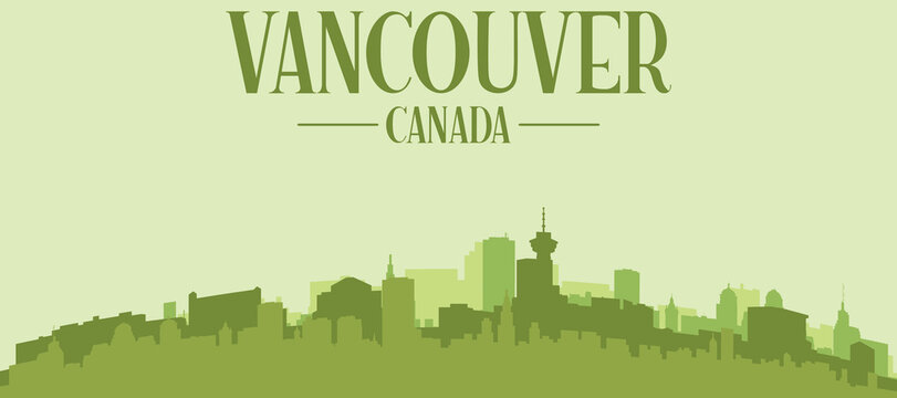 Green panoramic poster of the city skyline with solid background buildings on a hilly terrain of VANCOUVER, CANADA