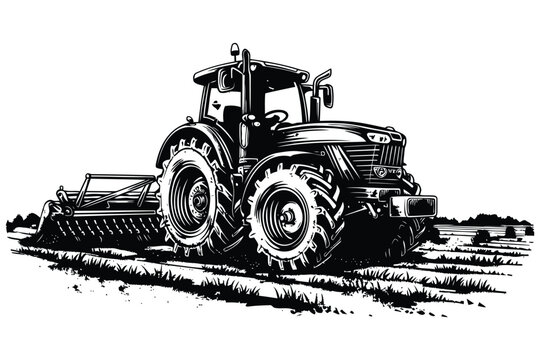 black and white tractor plowing field rural farm landscape vector illustration
