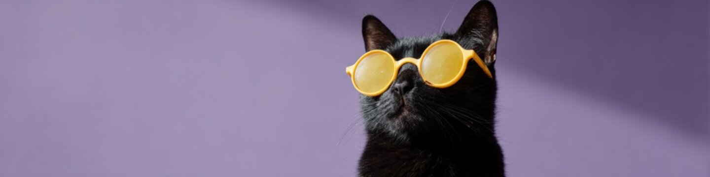 Black cat sunglasses yellow purple background stylish feline portrait showing a black cat wearing round yellow sunglasses against a smooth purple backdrop playful chic mood