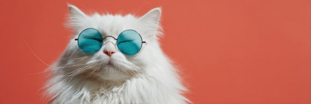 White longhaired cat wearing round teal sunglasses closeup against coral background serene fluffy feline portrait with confident expression