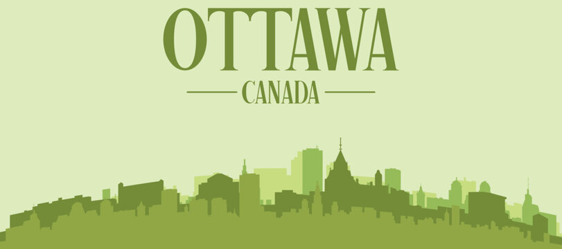 Green panoramic poster of the city skyline with solid background buildings on a hilly terrain of OTTAWA, CANADA