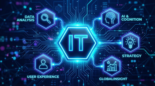 A central glowing "IT" hexagon is connected to surrounding hexagonal icons representing Data Analysis, AI, Strategy, and User Experience, illustrating interconnected technology fields.