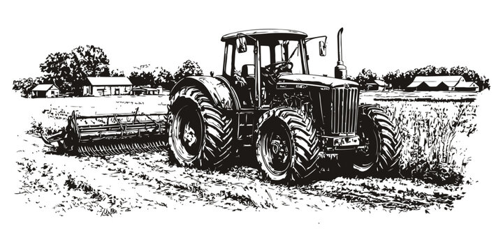 Farm tractor with roller cultivator wide field farm buildings black white bold ink illustration