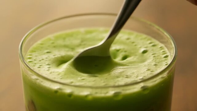 Close-up of a spoon stirring frothy green pistachio milk or latte in a clear glass