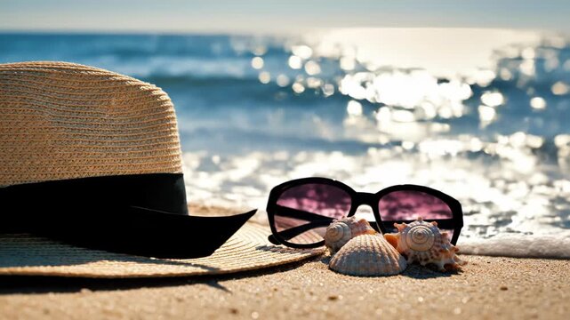 Sunglasses and Hat on Sandy Beach.