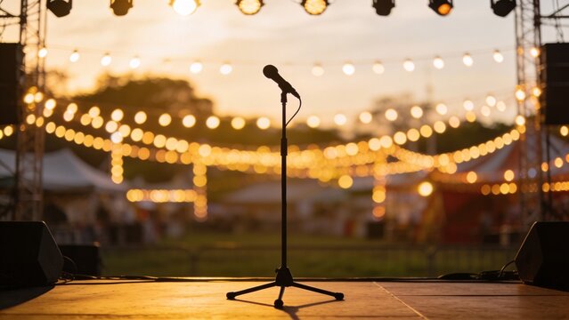 Empty outdoor concert stage at golden hour, microphone stand, glowing festival lights bokeh