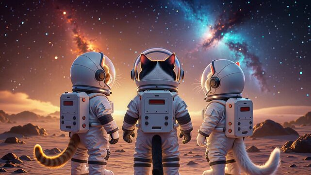 Three astronauts wearing cat tails stand on a planet and gaze at a vibrant nebula galaxy in the night sky
