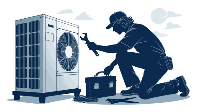 A technician in a blue uniform kneels beside an air conditioning unit, holding a wrench and working from a toolbox.