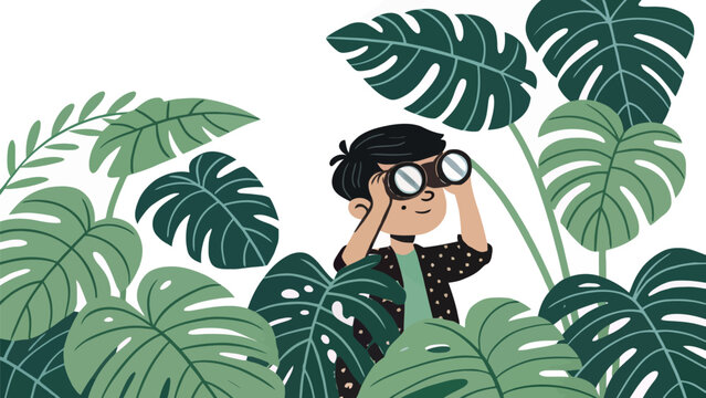 A cartoon boy with binoculars exploring the jungle surrounded by large green leaves and tropical plants.