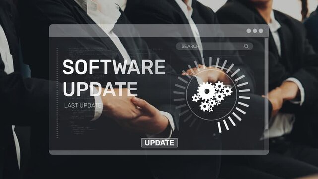 A team of professionals in formal attire prepares for a software update, symbolizing collaboration and technological advancement in a corporate environment. Raster
