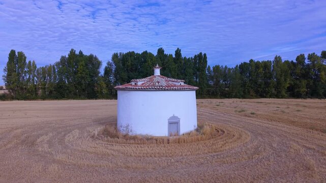 Aerial view from a drone of ancient dovecotes in the Tierra de Campos Region, Palencia Province, Castile and Le&oacute;n, Spain, Europe