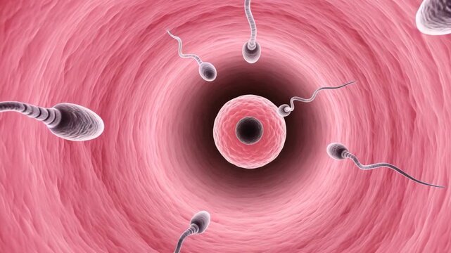 Fertilization: A detailed, close-up view capturing the precise moment of conception, with a single ovum surrounded by active sperm cells. Evoking the beginning of life.