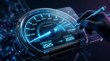 A gloved hand utilizes a digital stylus to select the year 2026 on a sleek, futuristic speedometer display, representing future planning and strategic business progression.