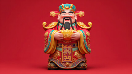 Fototapeta premium Chinese traditional lunar new year Spring Festival celebration in Asia. A vibrant red, gold, and turquoise Chinese god of wealth, depicted in a traditional Chinese costume.
