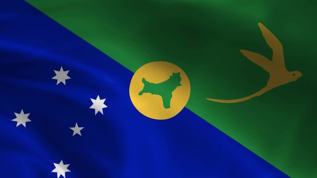 Waving flag of Christmas Island a tropical island nation in the Indian Ocean featuring the Southern Cross and a tropicbird representing national identity and travel