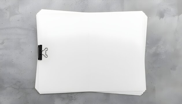 A stack of blank white paper sheets with a black binder clip on a gray background