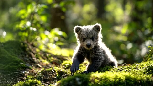 Young bear cub exploring a lush forest habitat