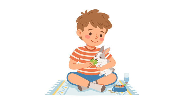 A young male cartoon figure feeding his bunny while holding it, depicted in a vibrant flat illustration style