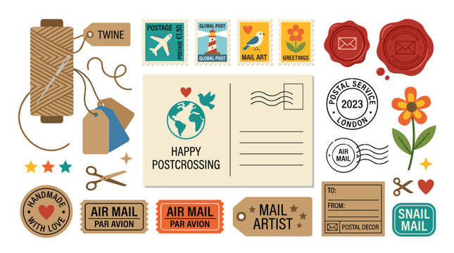 Seal, postal stamps, postcard, flower, postmarks, twine spool for postcrossing and DIY mail d&eacute;cor. Postcards, craft labels and tags composition. Flat vector illustration isolated on a white