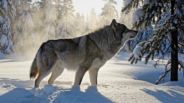 Majestic gray wolf exploring winter wonderland sunlight glistening through snow covered forest serene wildlife scene