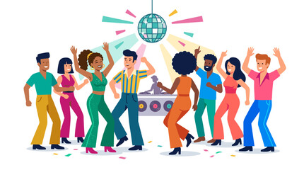 Fototapeta premium Joyful dancers at a disco party, with energetic men and women moving to the music, creating a rave atmosphere at the nightclub, featuring young characters in a flat vector illustration against a