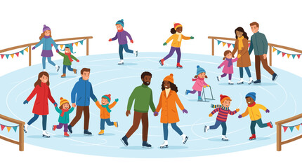 Naklejka premium Flat vector illustrations feature diverse families, kids, couples, and friends skating on an ice rink, celebrating active winter holiday fun, leisure, and sport
