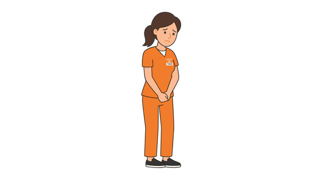 A young, sorrowful woman in an orange prison uniform stands alone against a white backdrop, depicted as a flat female cartoon character in vector style