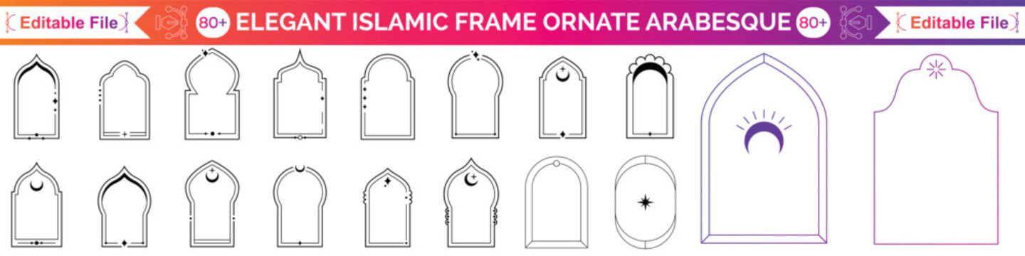 Set of oriental style Arabic gold borders and frames. Collection of linear style Islamic windows, doors in bobo style. Arabic minimal shape arch. Golden Design element for design. Ramadan