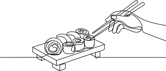 Sushi set, Philadelphia roll, maki, Sushi roll with chopsticks in hand one line art. Continuous line drawing of sushi, japanese, food, roll, culture, tasty. one line Icon drawing © MofajjolHossen