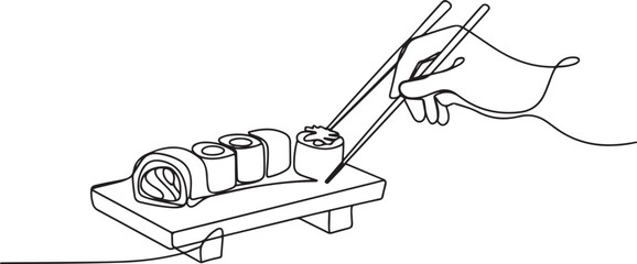 Sushi set, Philadelphia roll, maki, Sushi roll with chopsticks in hand one line art. Continuous line drawing of sushi, japanese, food, roll, culture, tasty. one line Icon drawing © MofajjolHossen
