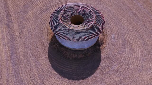 Aerial view from a drone of ancient dovecotes in the Tierra de Campos Region, Palencia Province, Castile and Le&oacute;n, Spain, Europe