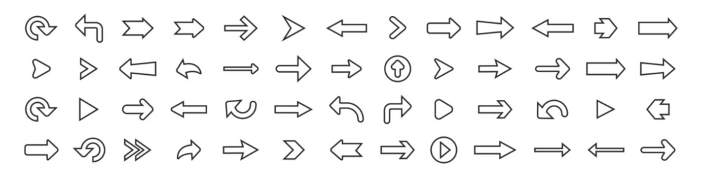 Arrow direction icon set vector sign symbol navigation pointer interface ui cursor move forward backward up down left right outline collection shape element on transparent background