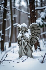 Fototapeta premium A solitary, ancient stone statue of an angel hidden deep in the woods, its face and wings softened by a thick layer of snow.