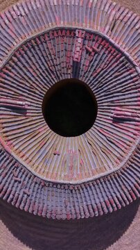 Aerial view from a drone of ancient dovecotes in the Tierra de Campos Region, Palencia Province, Castile and Le&oacute;n, Spain, Europe