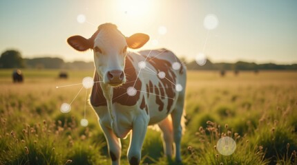 A cow stands in a sunlit field, overlaid with digital network graphics, representing the connection between agriculture and technology. 
