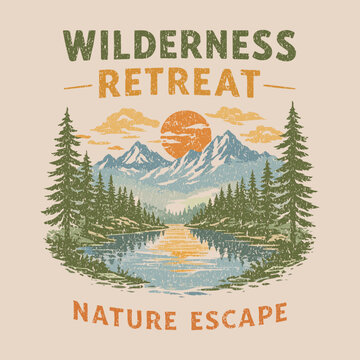Wilderness retreat. Natural escape.  mountain print design, great smoky original outdoors vintage print design, Adventure outdoors mountain graphic, sunset mountain art. Mounting artwork for t shirt ,