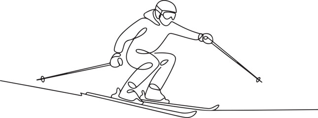 Fototapeta premium Man goes skiing with ski, racing poles and goggles set one line art. Continuous line drawing sport, winter sports, do tricks, skis, ski poles. one line Icon drawing