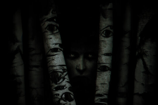 Dark slavic mythology forest with birch trees and watching eyes, eerie spirit presence, folklore horror concept