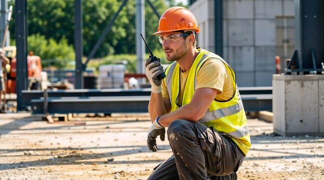 Construction worker in high-visibility vest and hard hat using a walkie-talkie. Male foreman communicating on a radio at an active building site with steel frames