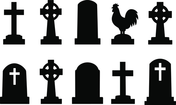 Collection of black gravestone and tombstone silhouettes featuring crosses, headstones, and symbolic designs, ideal for cemetery themes, memorial art, and cultural illustration projects