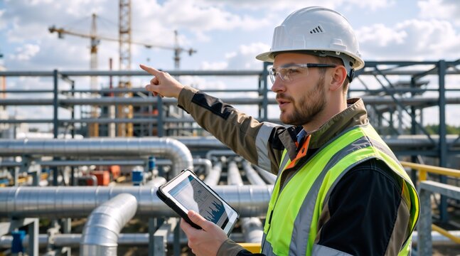 Male engineer in hard hat and safety vest holding tablet and pointing at industrial site. Construction supervisor inspecting project with digital device